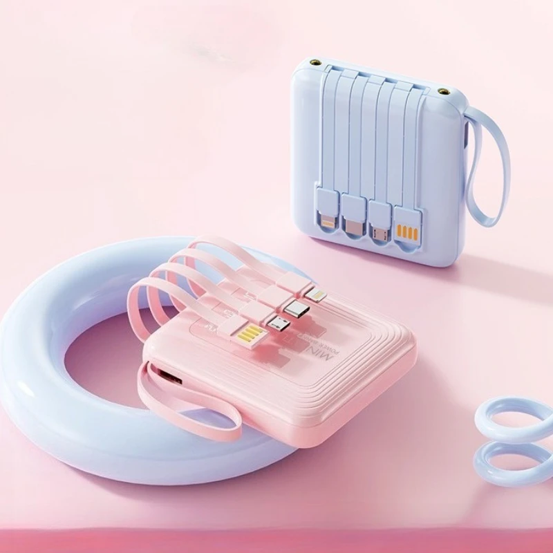 20000mAh Mini Power Bank With 4 Cable Dual Lights Mobile External Portable Battery Charger powerbank For iPhone Samsung Xiaomi