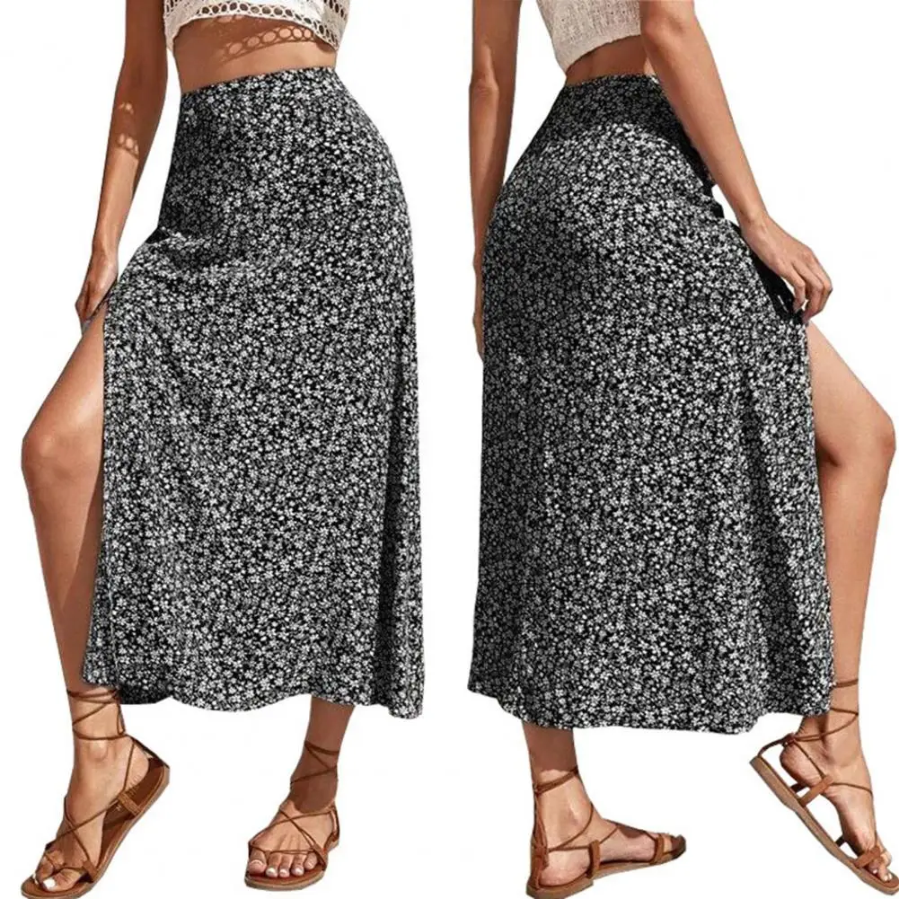 

Fashion Swing High Split S to XL Elegant Floral Print Ladies Summer Skirt Women Midi Skirt Womenswear Streetwear