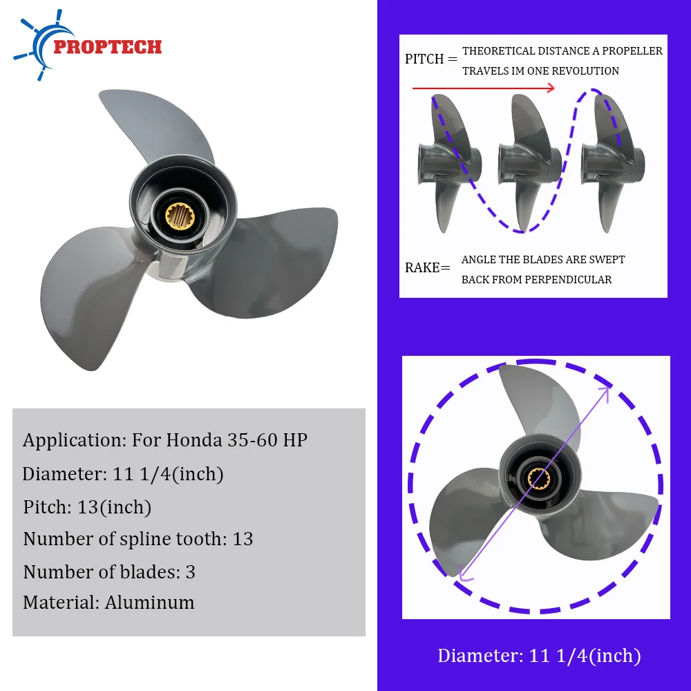 11 1/4x13 Outboard Propeller for HONDA 35 40 45 50 55 60hp Boat Engine Aluminum Alloy Screw 3 Blade 13 Spline 58130-ZV5-000