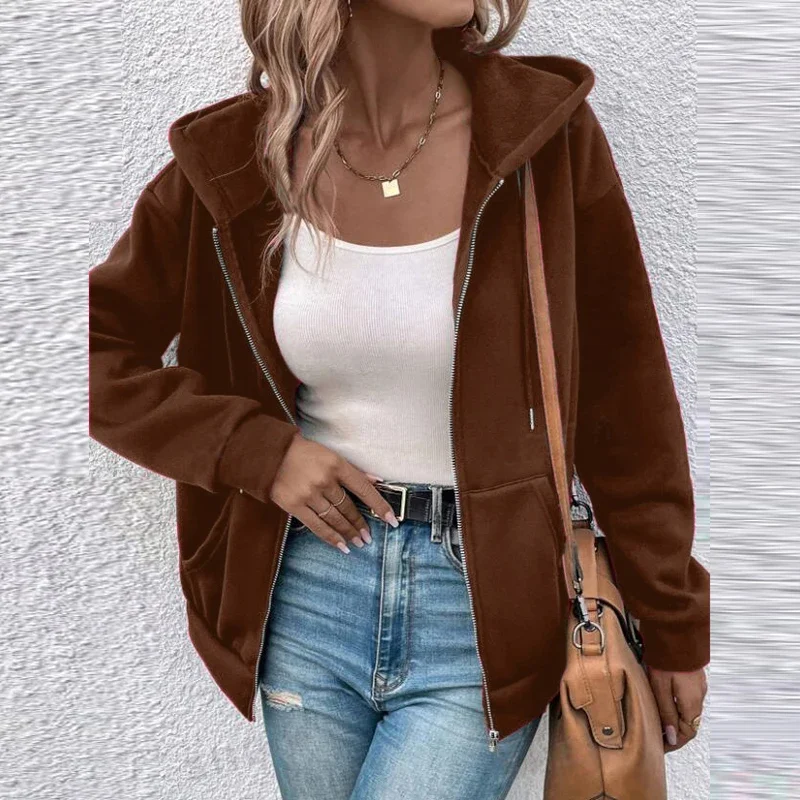 Autumn Winter Solid Drawstring Hoodies For Women Autumn Winter Zipper Jacket Women Coat Oversized Sweatshirt Outwear