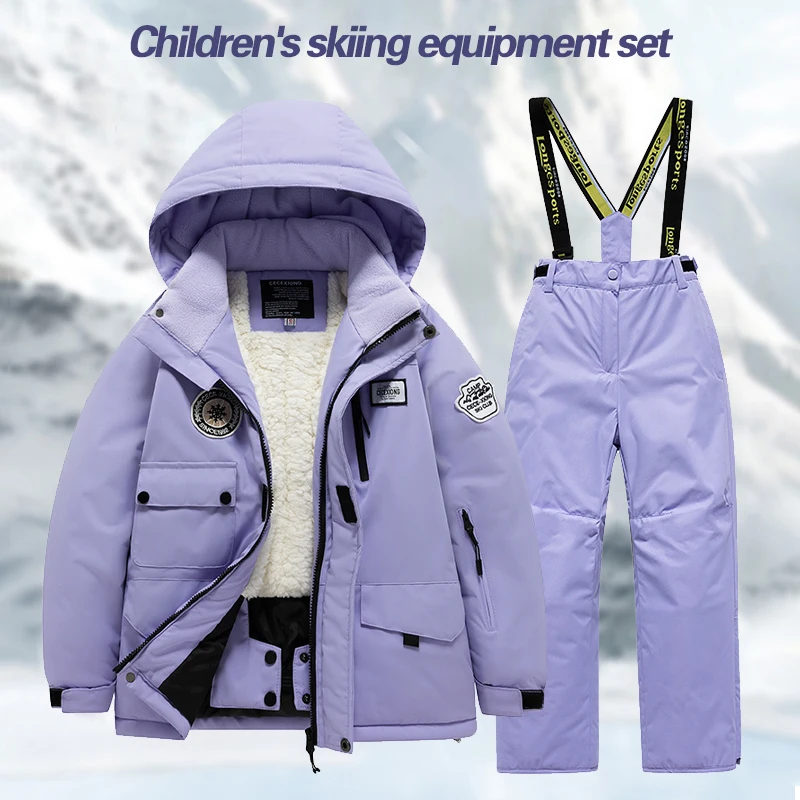 Children's Ski Suit Men's and Women's Set with Thick Waterproof and Warm Snow Village Ski Clothes for Big Children and Baby