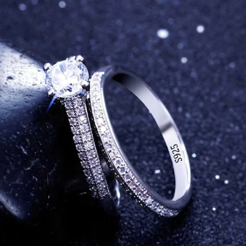 1 pair Vintage Halo 925 Sterling Silver Wedding Ring Set For Women Lady Anniversary Gift Jewelry Bulk Sell gallery 1