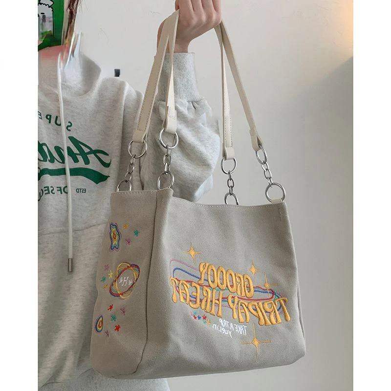 High Capacity Shoulder Underarm Bag Portable Retro Vintage Tote Washed Canvas Embroidered Letters Shopping Bag Woman Bag