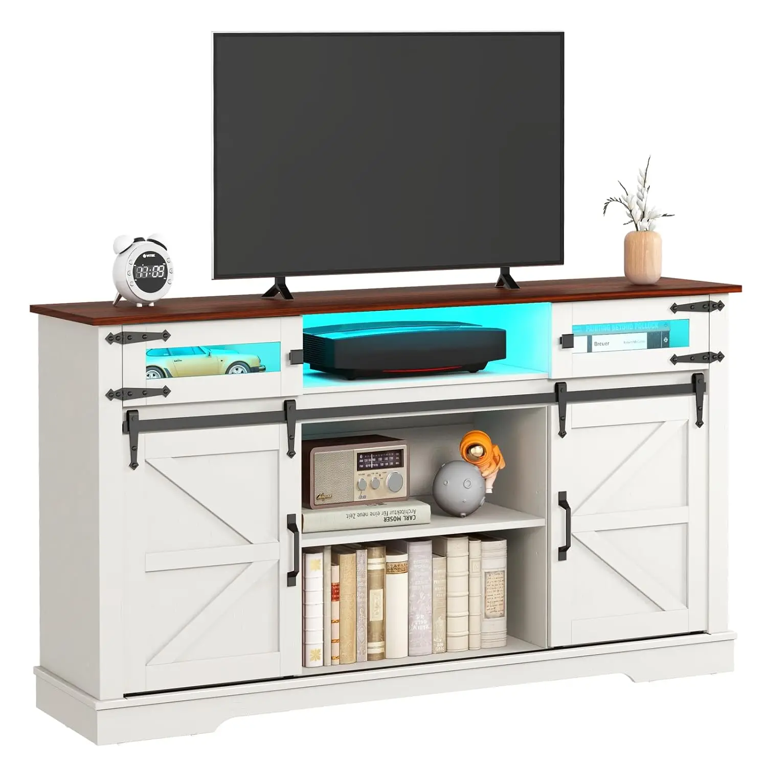 Farmhouse TV Stand for 65+ Inch TV, 33" Tall Entertainment Center with LED Lights and Sliding Barn Doors, Media Console Cabinet