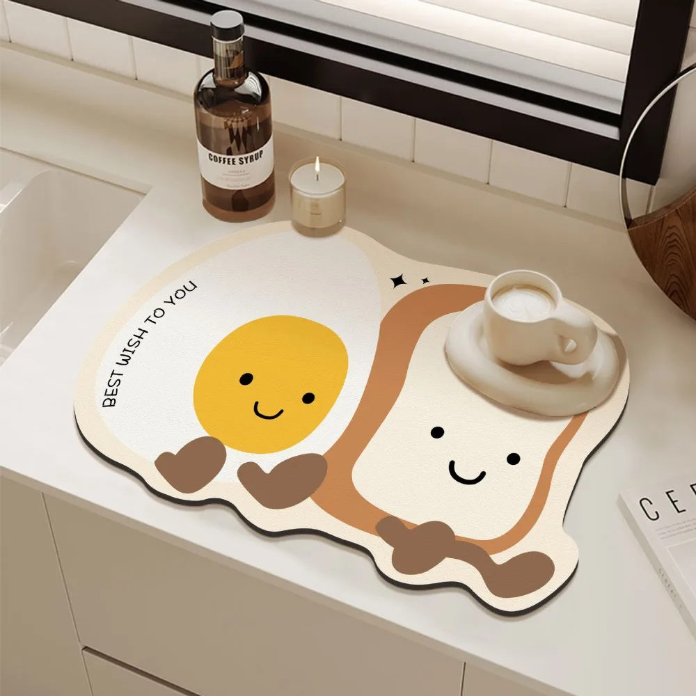 VIKAMA Cute Coffee Diatomite Absorbent Mat, Non-Slip Quick-Dry Kitchen Sink Counter Rug, Durable Easy Clean Home Decor