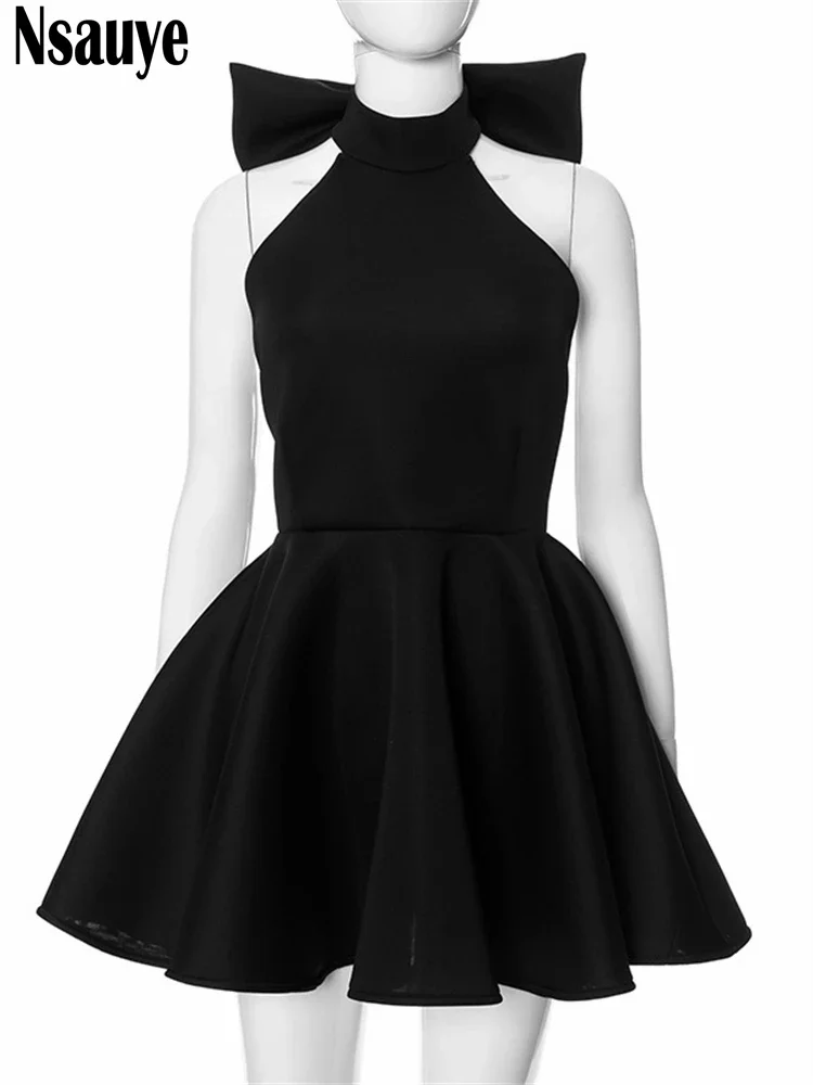 Nsauye Sexy Backless Chic Black Women Bow Halter Mini A-Line Club Night Fashion Dress Party Evening Elegant Vestidos Summer 2024