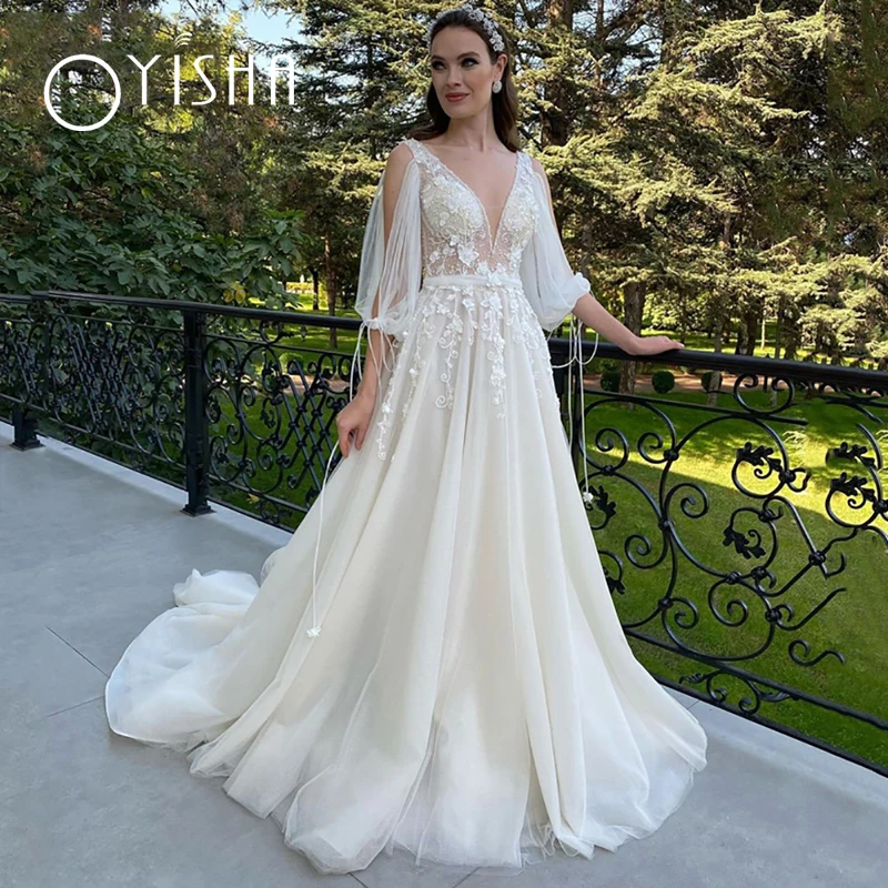 Oyisha a-line 3/4 manica Sexy profondo scollo a v abito da sposa aperto indietro Boho Tulle pizzo appliqued abito da sposa Vestidos De Fiesta Novia