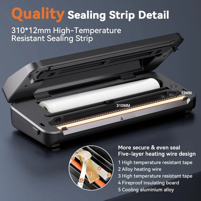 Vacuum sealer, food sealer 80KPA automatic 8 in 1, for food preservation in dry/wet mode, and storage, 11 vacuum bags