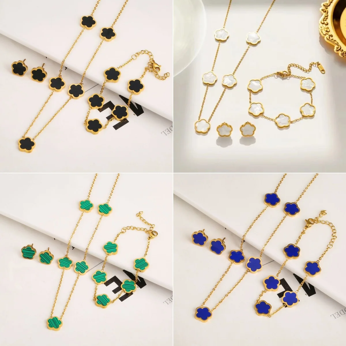 

Five-Leaf Plum Blossom Bracelet Necklace Earrings Stainless Steel 18k Gold Plated Double Sided Clover Lucky Party Jewelry Gift