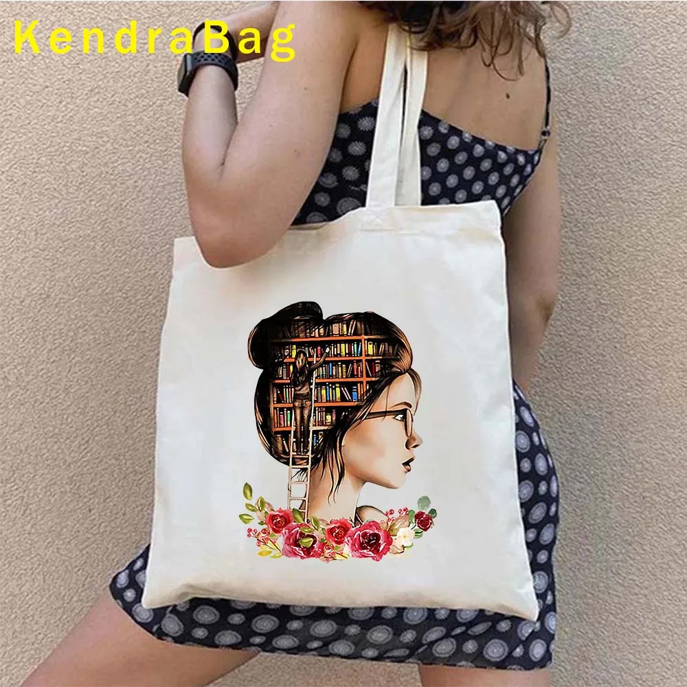 Library Bookshelf Books Lover Girl Woman Bookish Quotes Floral Reading Women's Canvas Shoulder Tote Bag Harajuku Shopper Handbag