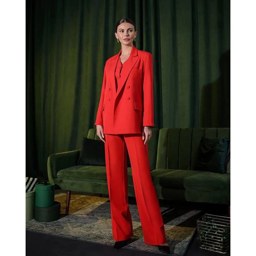 Fashion Chic Red Pink Suits for Women 2 Pieces Jacket Pants Double Breasted Female Clothing Office Party Lady's Blazers Sets