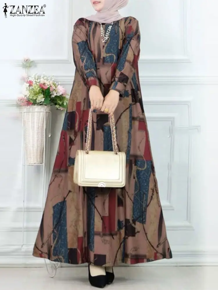 ZANZEA Vintage Printing Long Sleeve Maxi Dress Women Muslim Fashion Casual Loose A-line Abaya Vestidos Holiday Islamic Long Robe