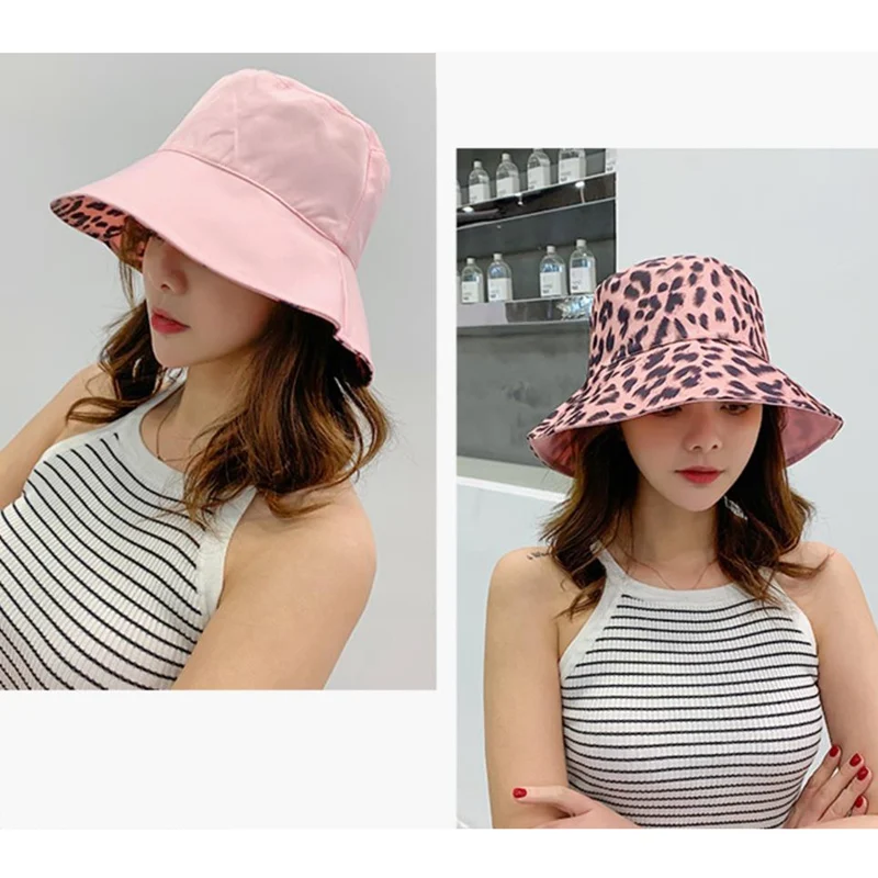 Reversible Bucket Hat Leopard Fashion Beach Panama Breathable Cotton Sun Hats Lady Wide Brim Chapeau Summer Travel Caps 2 Sides