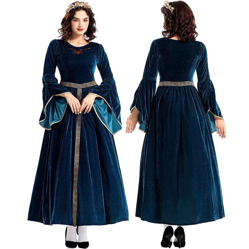 Disfraz de Reina Medieval para Adultos, Vestido de Terciopelo Verde Guisante para Halloween, Traje de Dama Guinevere para Juego de Roles Renacentista