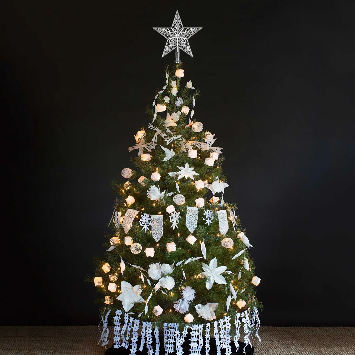 Tinksky uitgeholde kerstboom Sparkle Star glinsterende hangende kerstboomtopper decoratie ornamenten woondecoratie (zilver)