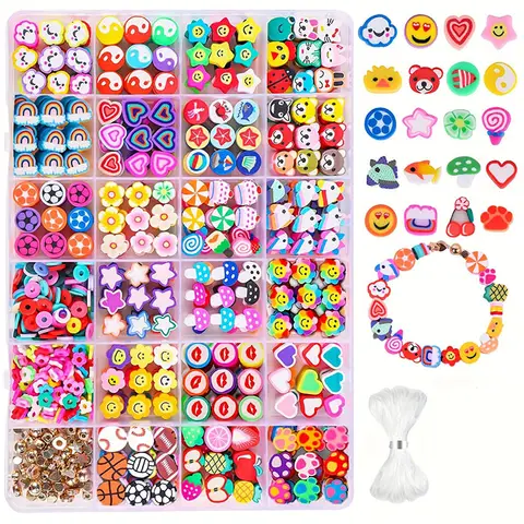 400+pcs Colorful Cute Cartoon Soft Clay Tiles and Golden Spacer Beads Combination Set, Suitable for DIY Friendship Bracelet Neck