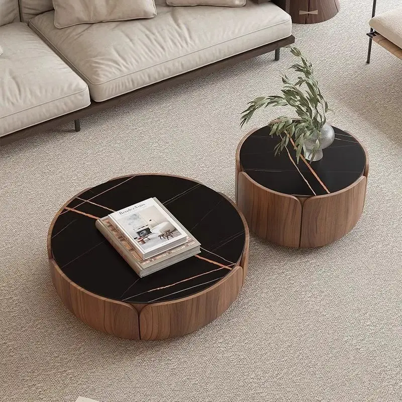 Italian round solid wood Nordic coffee table combination household living room small apartment light luxury minimalist walnut
