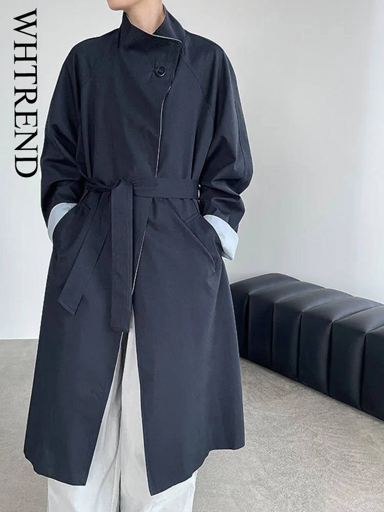 

WHTREND Korean Style One Button Long Trench Coat High-End Stand Collar Waist-Cinching Color Block Windbreaker Jacket WH1417