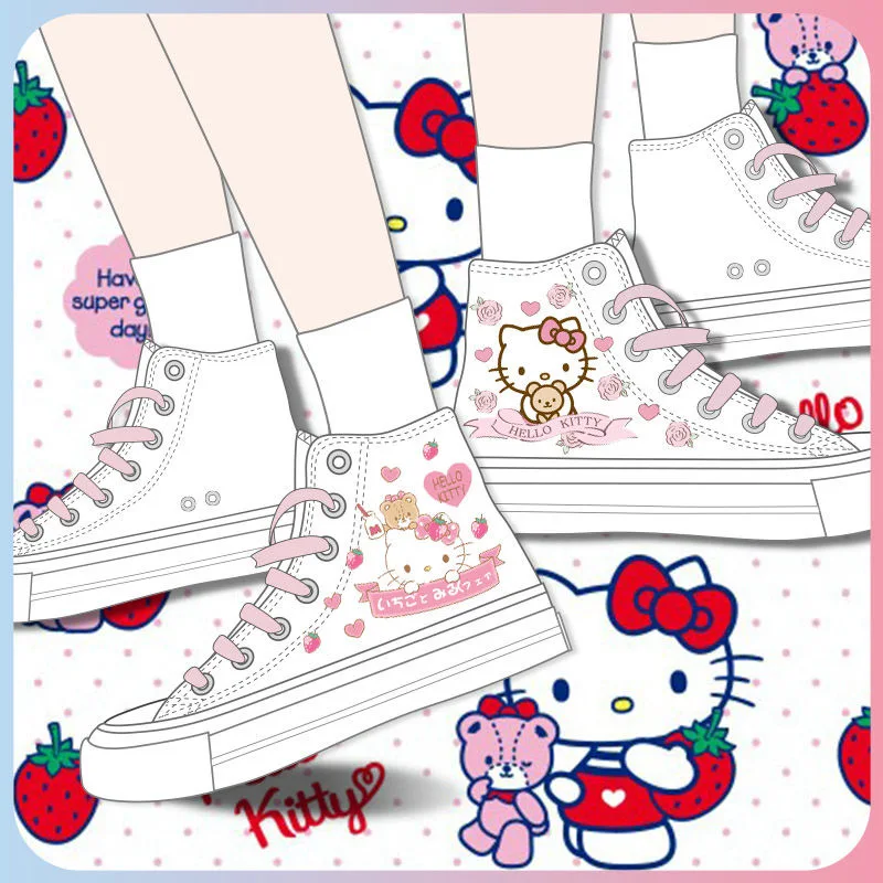 Japońskie Kawaii sznurowane damskie buty Hello Kitty słodkie wysokie buty płócienne dziewczęce buty ocieplane trampki