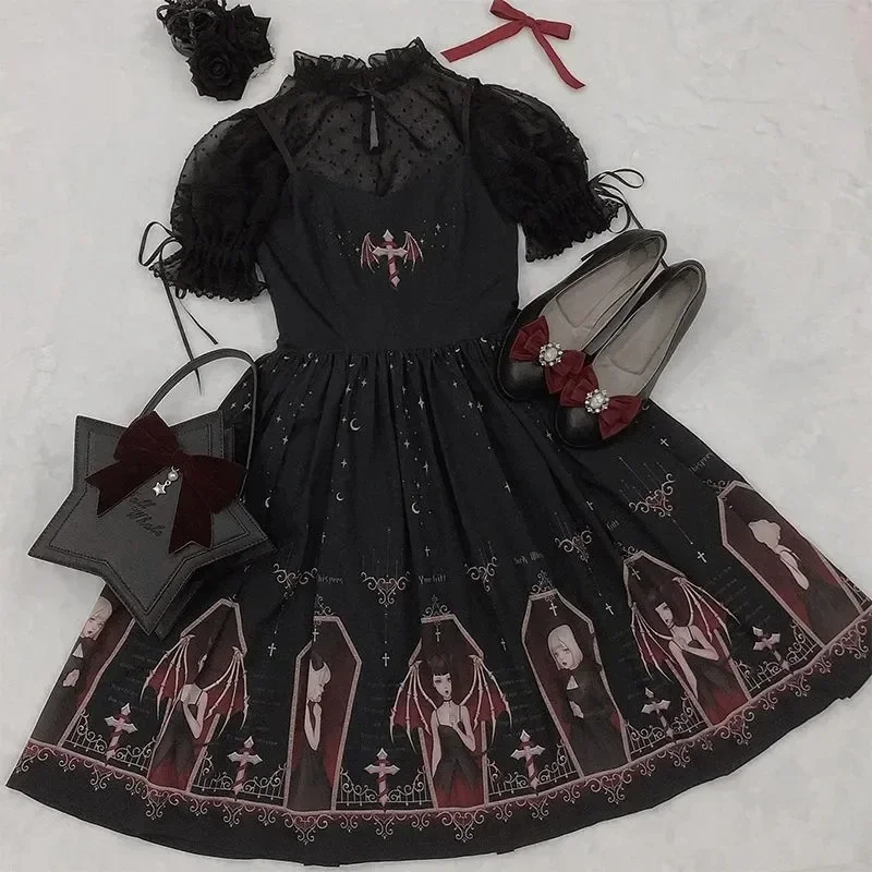 Vestido gótico escuro com estampa para diabo, Lolita Japonesa Jsk, Vestido Victorian Strap, Sweet Loli, Preto e branco