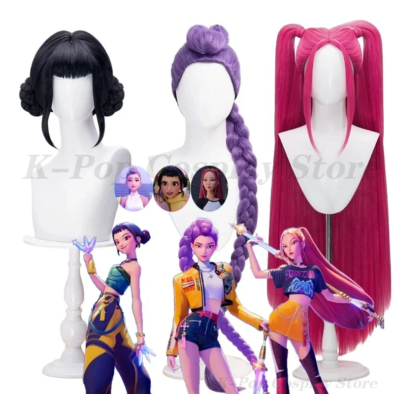 

New Movie Kpop Cosplay Wig Mira Rumi Zoe Demon Hunters Purple Black Red Long Hair Heat Resistant Synthetic Wigs Carnival Props