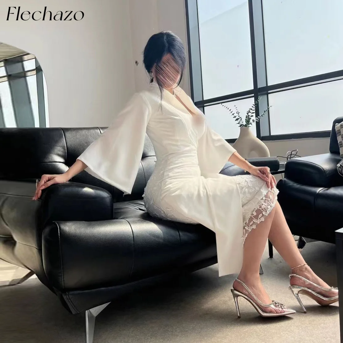 Flechazo White Evening Dresses V Neck Three-Quarter Knee-Length Simple Elegant Summer Party Dress For Women 2024 فساتين السهرة