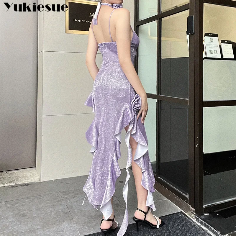 여름 민소매 백리스 롱 드레스 Vestido 섹시한 프릴 요정 드레스 꽃 섹시한 허리 랩 드레스 여성 스파게티 스트랩