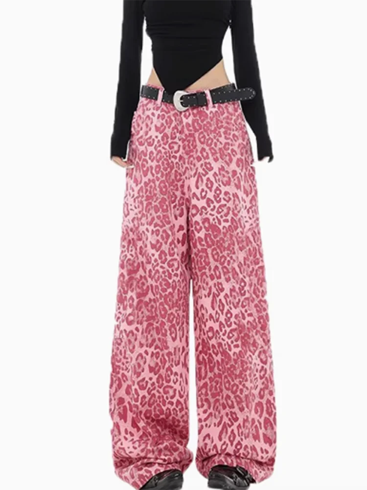 

Y2K Pink Leopard Jeans Women Dopamine Wear High Waist Loose Fit Straight Wide Leg Floor Length Pants
