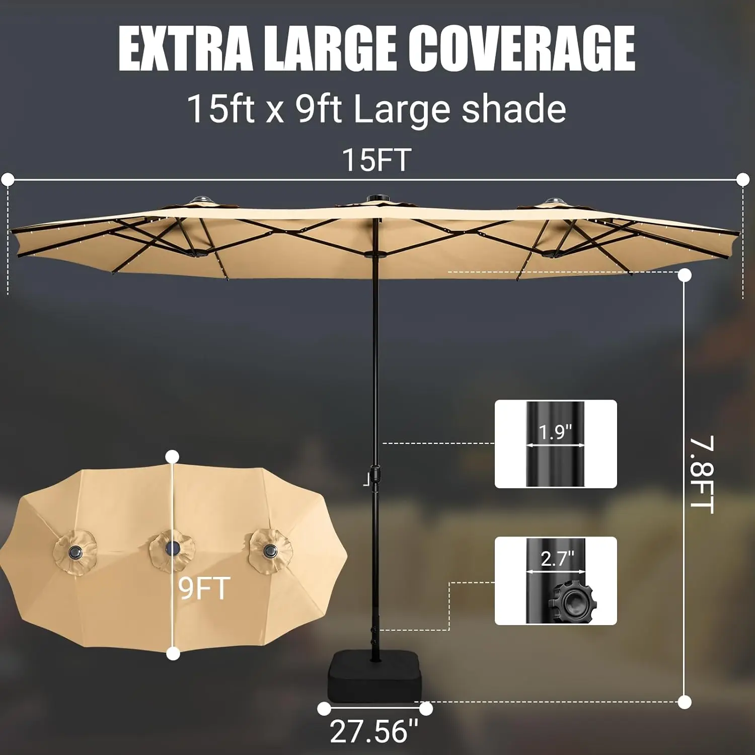 Guarda-chuva grande para pátio LEVELEVE de 15 pés com base e luzes LED solares - dupla face, Khaki