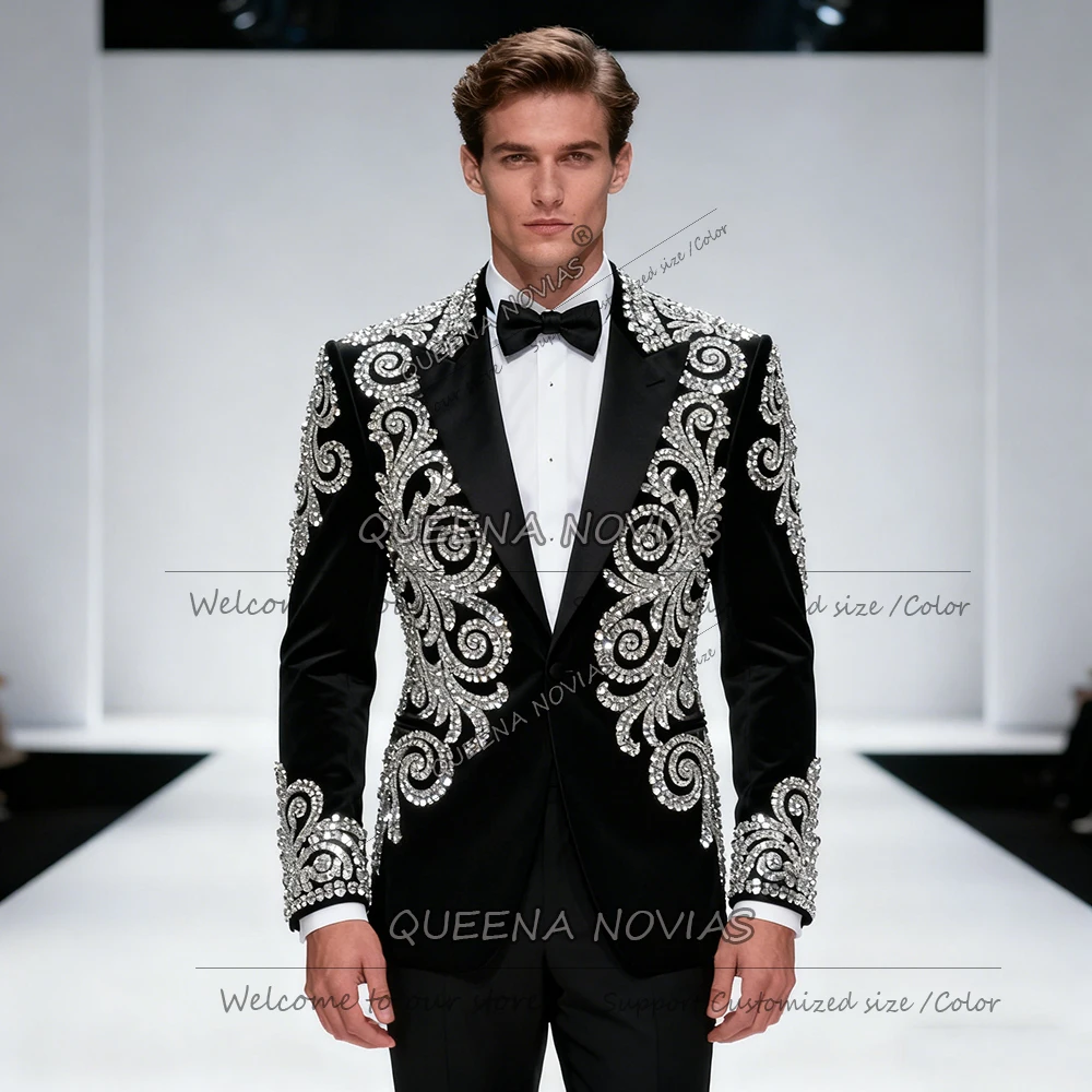 

Exclusive Beaded Crystals Suit Men For Wedding Single Breasted Prom Blazer Customized 2 Piece Groom Tuxedos Slim Fit Ropa Hombre