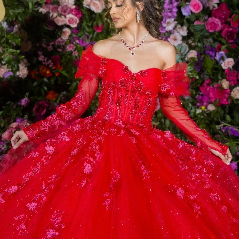 Lorencia-Vestido De quinceañera rojo De manga larga, Vestido De baile De encaje con apliques De tul, con cuentas y hombros descubiertos, dulce 16, De 15 Años, YQD495