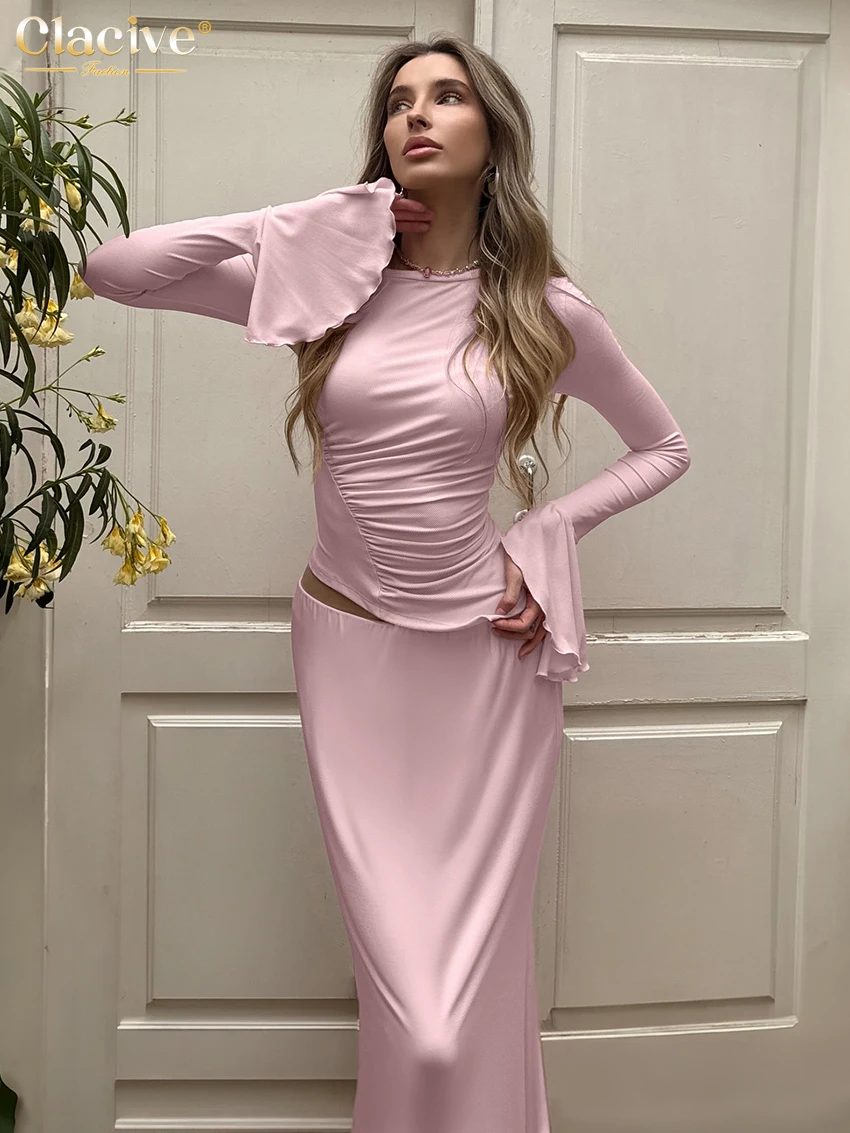 Clacive mode mince rose tricoté femmes deux pièces ensemble 2025 élégant chemise à manches longues avec taille haute Maxi jupe ensemble femme