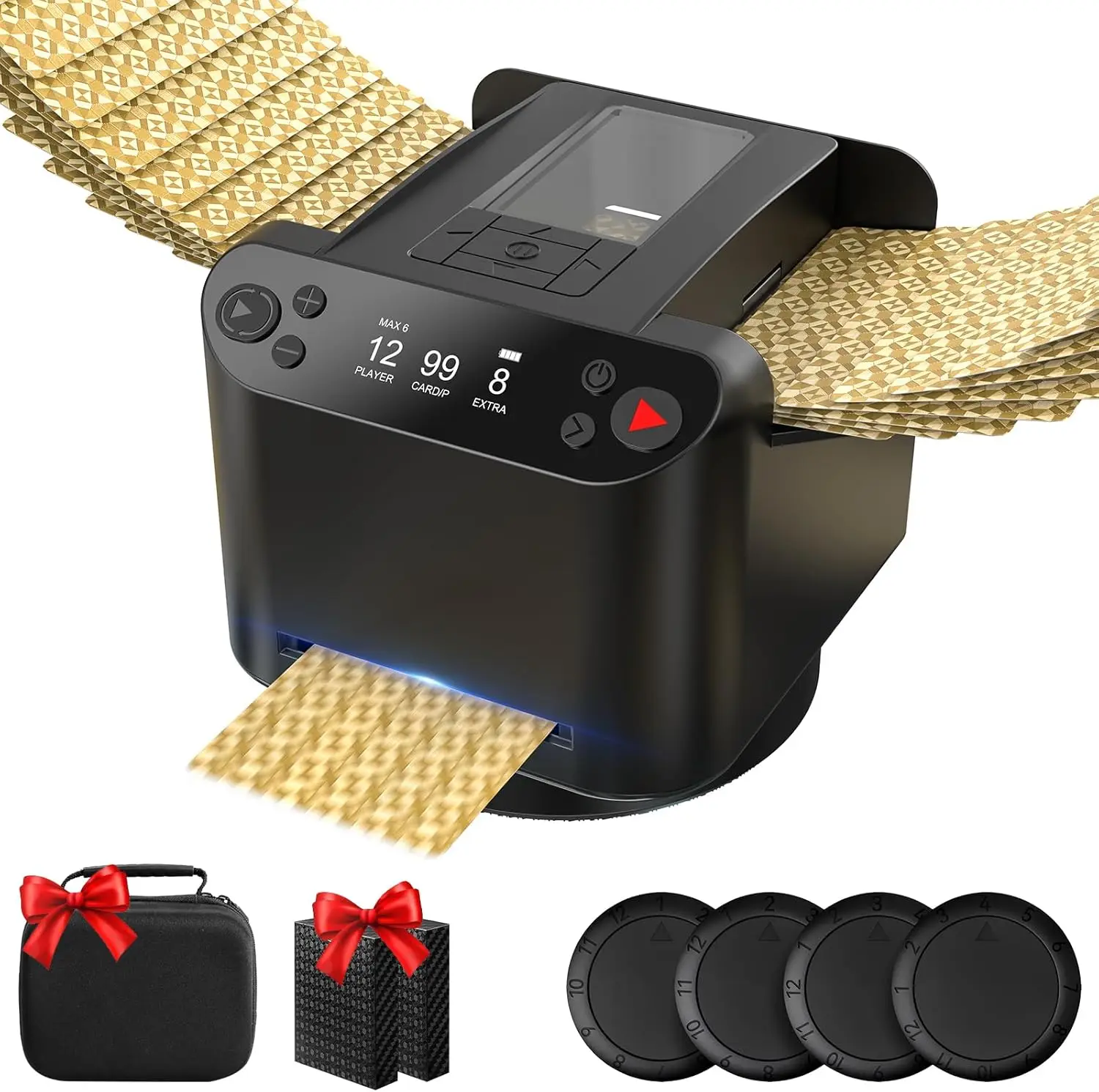 

Автоматический шаффлер и дилер для карт с пультами ДУ, сумкой и картами, машина 3-в-1 для 12 игроков, перезаряжаемая, ультратихая.