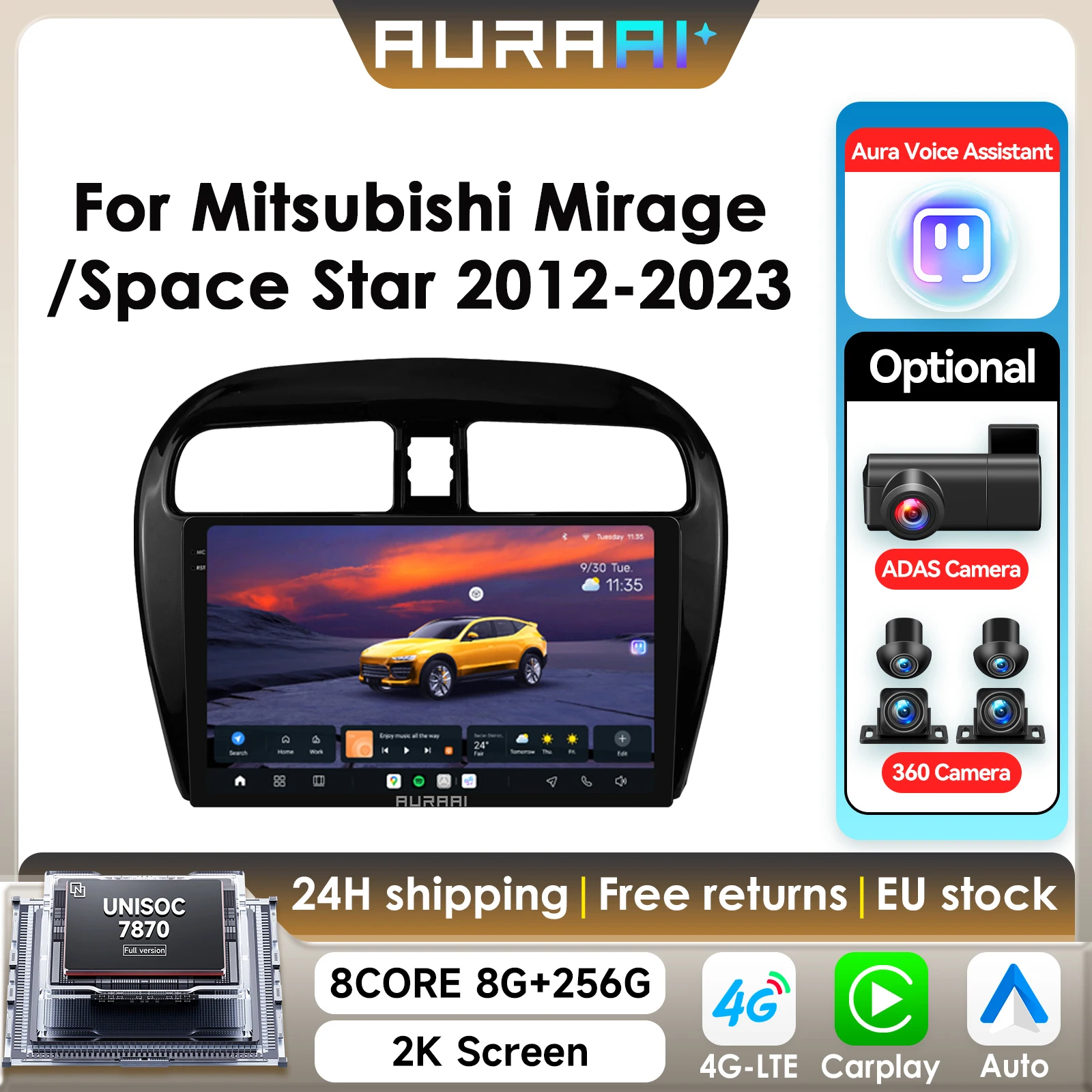 2K-Bildschirm für Mitsubishi Mirage 2012-2023 Space Star Autoradio CarPlay Android Auto 4G WLAN GPS BT DSD ADAS Dual-Mikrofon 360-Grad-Kamera 7870