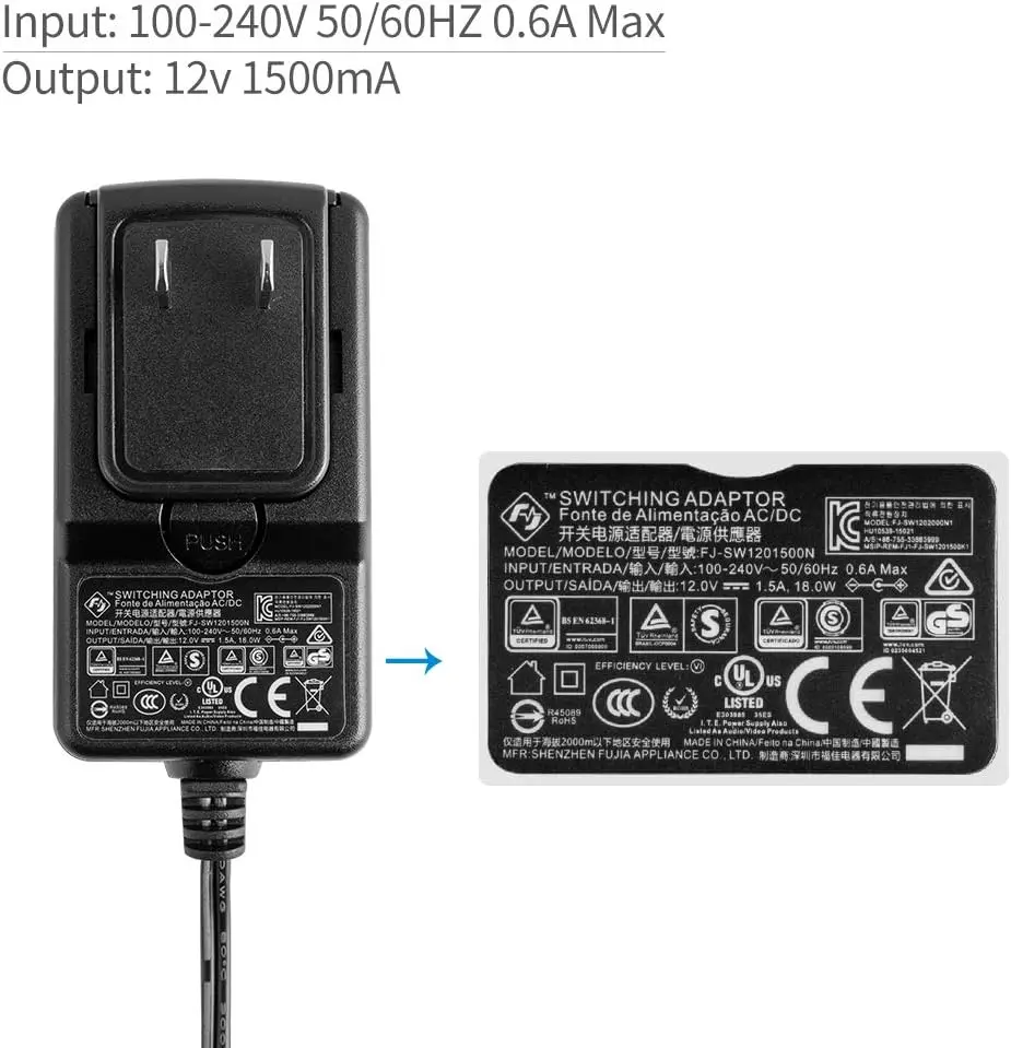 Adaptador de Alimentação de Comutação Feelworld, DC 12V, 1.5A, 100V-240V, AC 50Hz, 60Hz, F6 Plus, V2, F5 PRO, V4, F570, T7, FW759