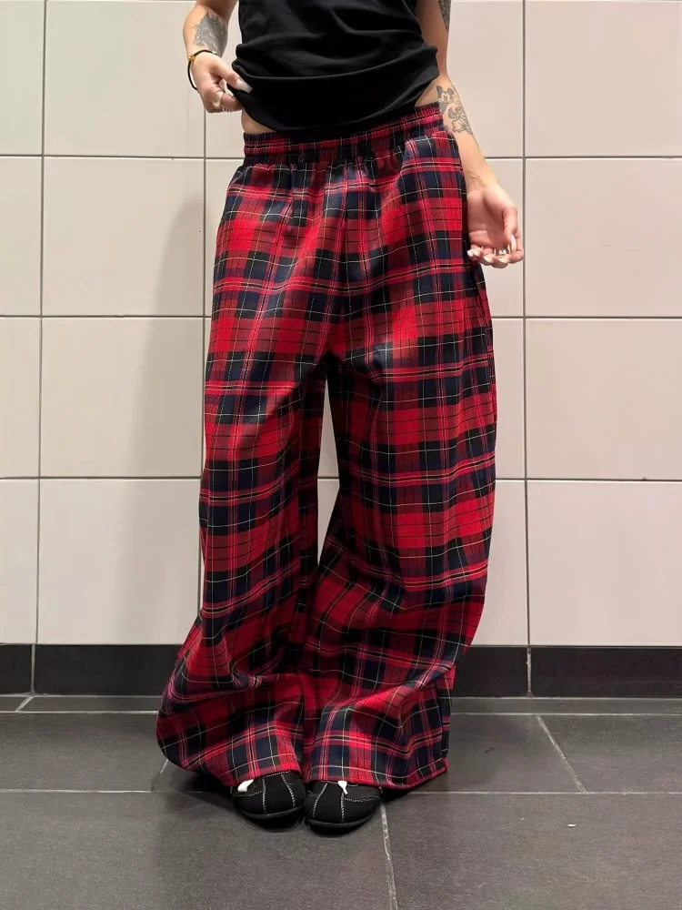 2026 Trend Y2K Style Red Plaid Baggy Drawstring Women's Jeans Pants For Woman Clothing Wide Leg Casual Underwear Long Trousers