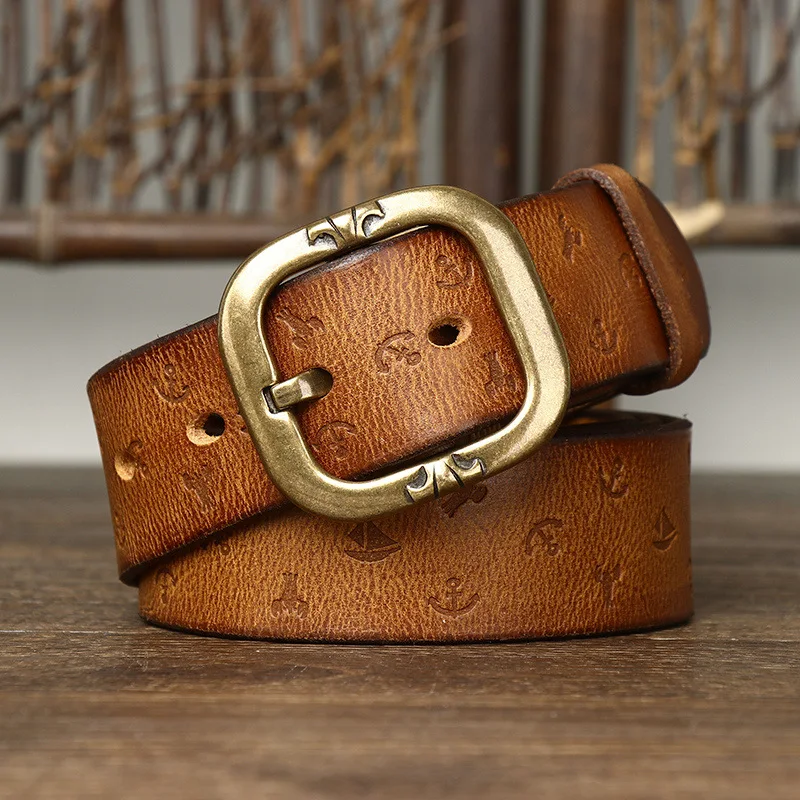 

3.8CM width new Korean style personalized pattern belt genuine leather pure cowhide pin buckle belt men's