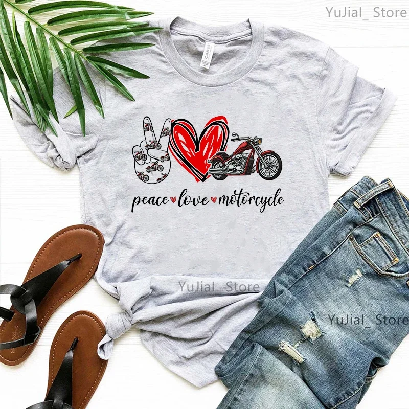 

Peace Love Motorcycle Graphic Printed T Shirt Girls Cool Pink/Green/Gray/Yellow Tshirt Femme Summer Fashion T-Shirt