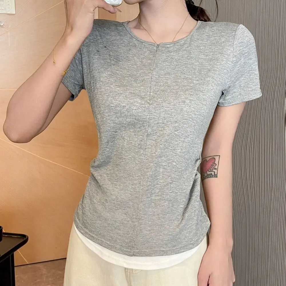 Y2k falso duas peças topo retalhos com decote em v fino colheita topo feminino undershirts picante menina manga curta camisetas streetwear