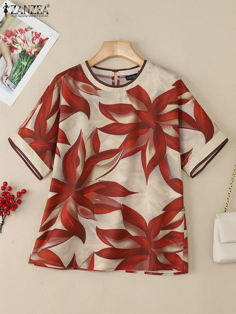 

ZANZEA, летняя блузка с принтом, модная рубашка, женская туника с коротким рукавом, топы, женская сорочка Mujer, повседневная рабочая блузка с круглым вырезом