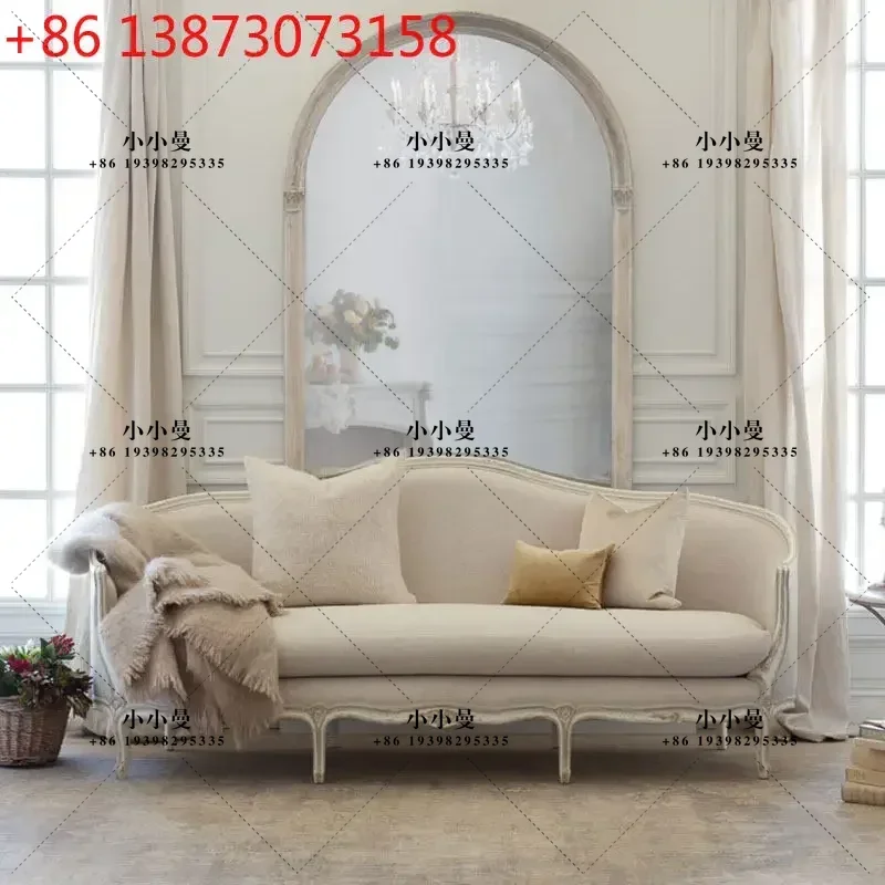 American country retro solid wood carving flower double three sofa, French nostalgic hand-carved living room coffee table