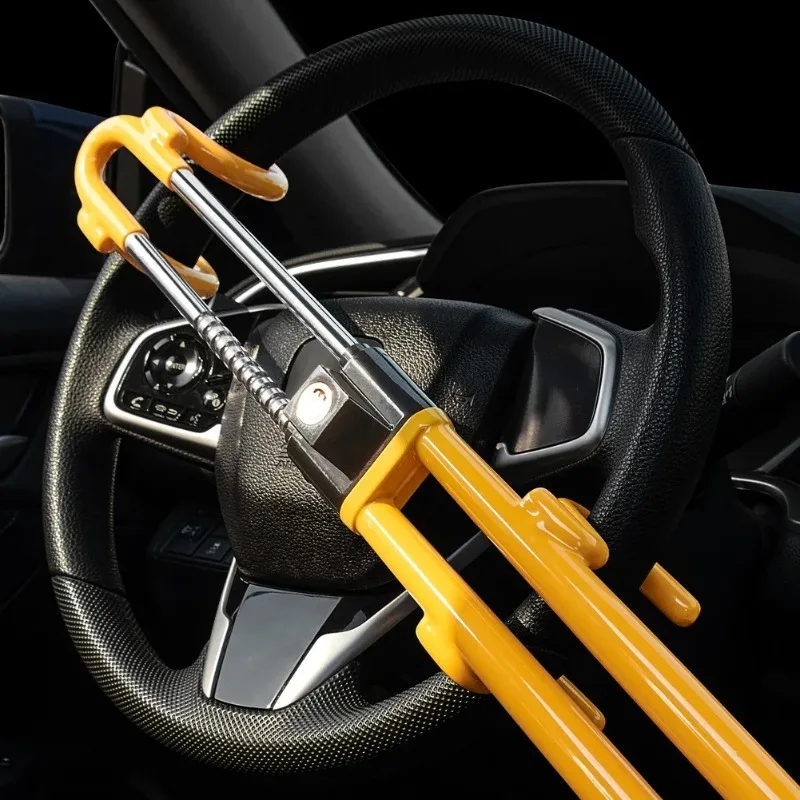 Vehicle Anti-Theft Security Lock with Adjustable Length Clamp Double Hook Locks, Heavy Duty Steering Wheel Lock for Car Van