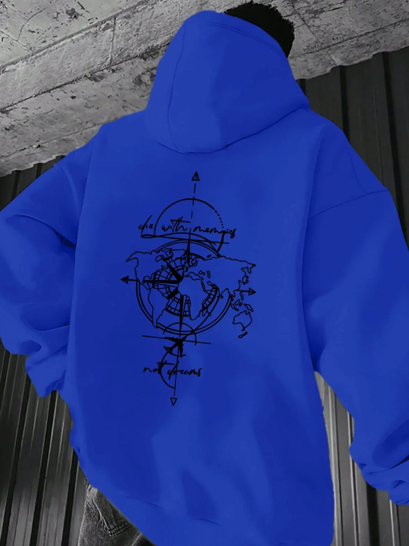 World Map Compass Back Print Hoodie Men Women Line Art Slogan Streetwear Loose Fleece Hooded Sweatshirt