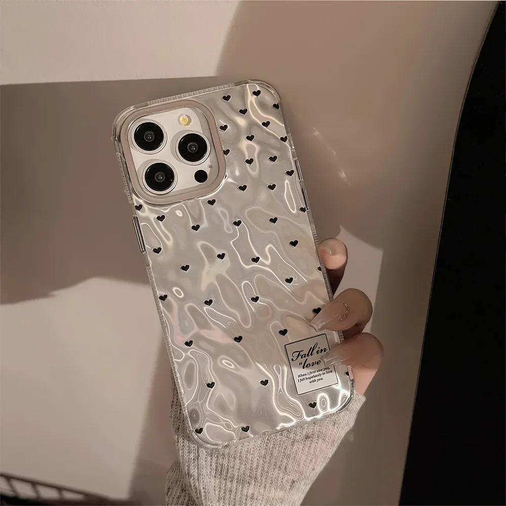 Coque de téléphone antichoc en argent avec petit cœur, style coréen, coque en poly, ondulation de l'eau, iPhone 15 14 12 13 11 Pro ProMax Plus X