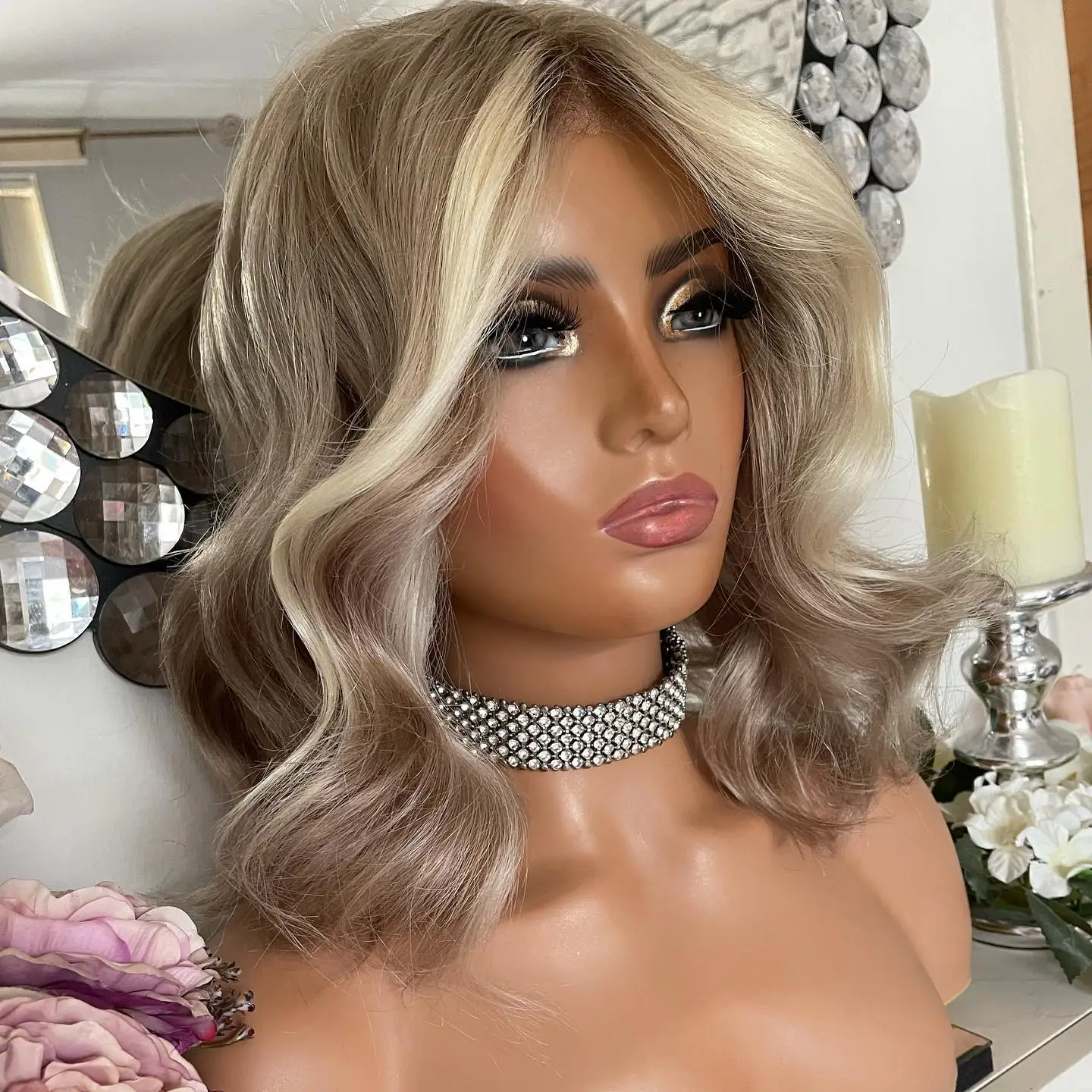 

Icy Beige Blonde Definition Synthetic 13*4Lace Front Wig Soft Long Body Wave High Temperature Fiber for Women Daily Cosplay Use