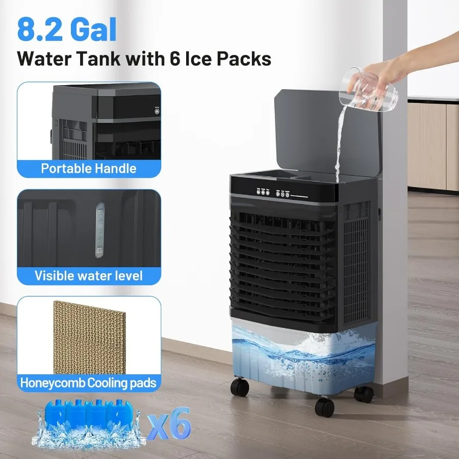2800 CFM Evaporative Air Cooler with Remote Control for Indoor and Outdoor Use 8.2 Gallon Portable Swamp Cooler with 12-Hour Ti