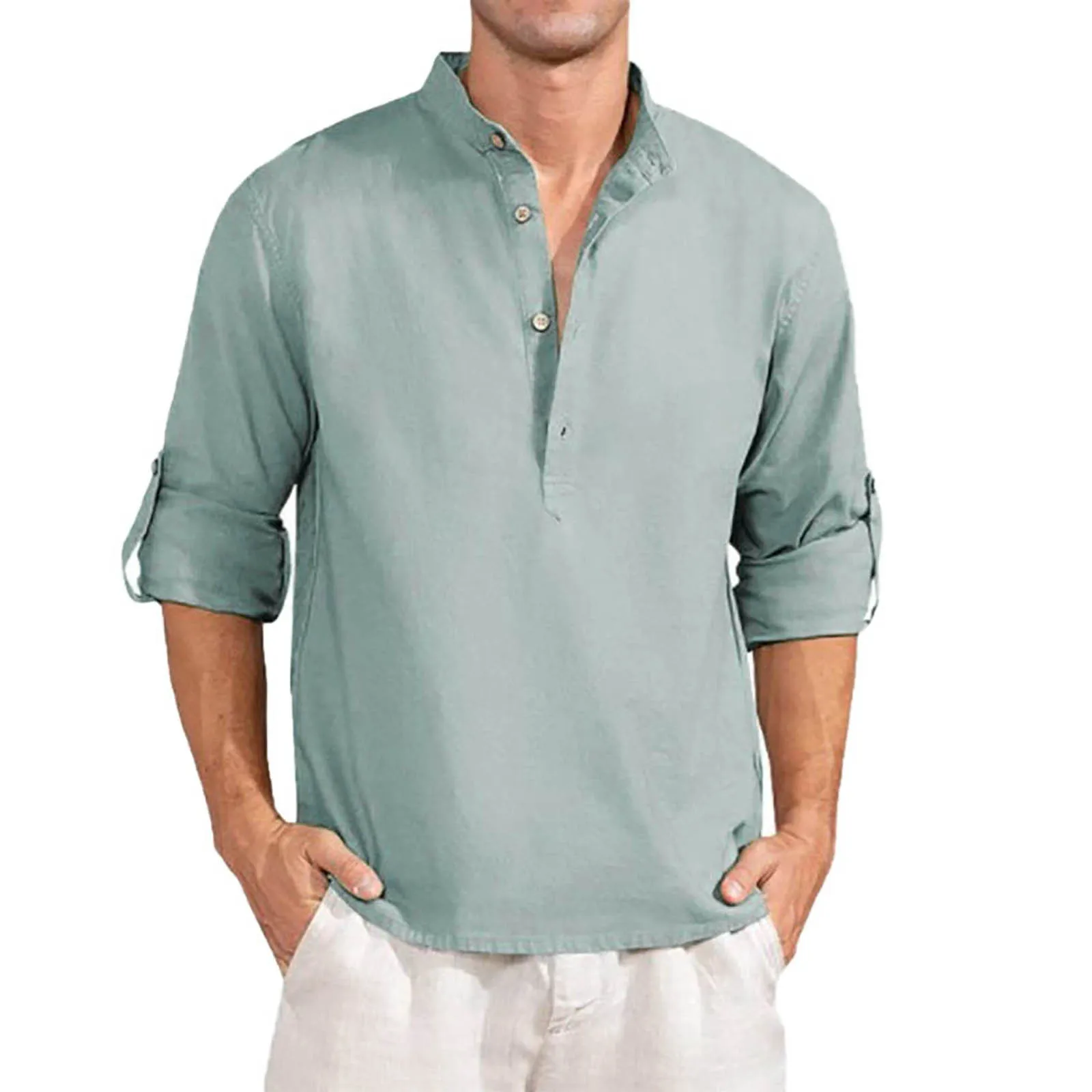 

Свободная мужская рубашка из смеси хлопка и льна с трансформируемыми рукавами, повседневная летняя рубашка на пуговицах, однотонная мужская пляжная одежда, топ