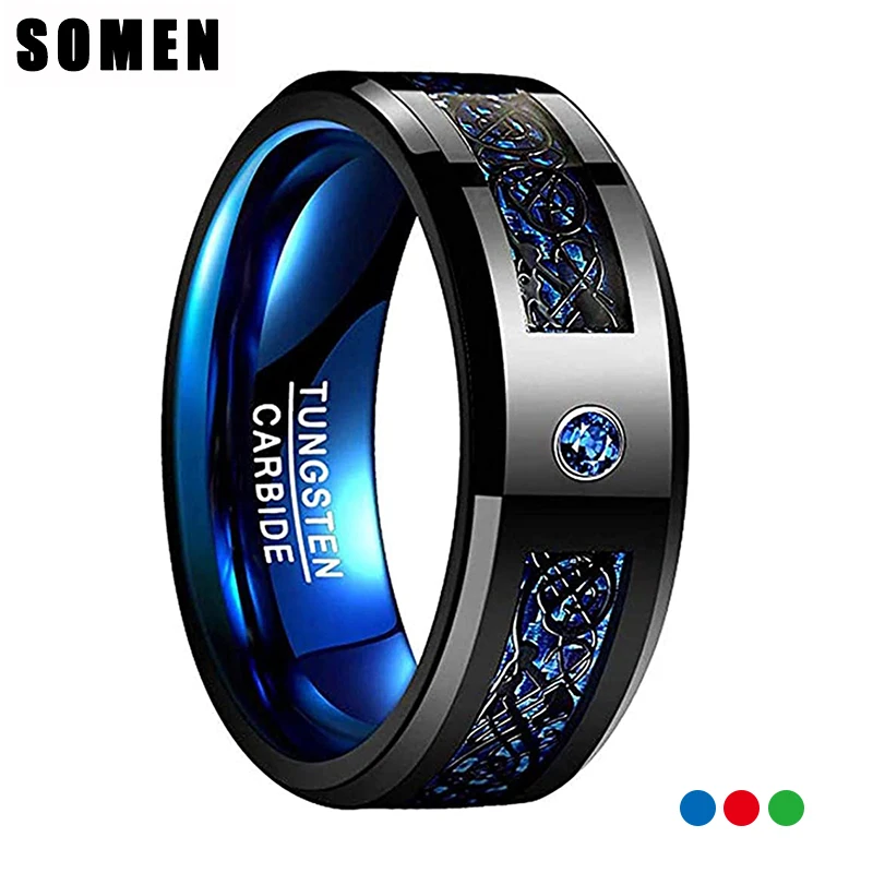 Somen 8mm Mens Tungsten Wedding Bands with Green/Blue/Red Cubic Zirconia Eternity Ring CZ Celtic Dragon Ring High Polished Size