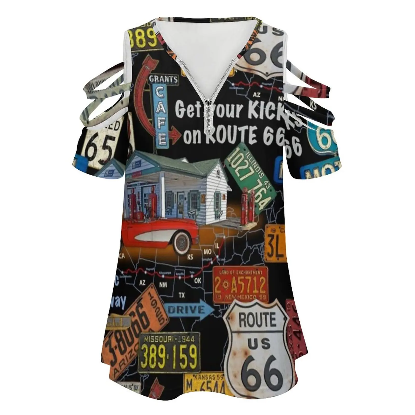 Route 66-Jp3934 New Fashion Zip Off Shoulder Top Short-Sleeve Women Shirt Route 66 Jean Plout Car Automobile Road Sign Gas