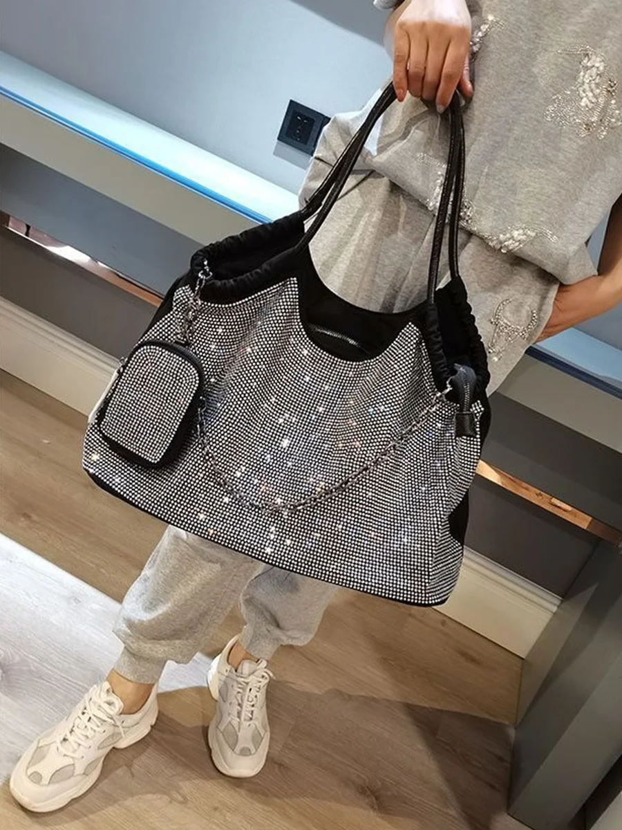 Bling Rhinestones Bucket Women Tote Bag With Diamonds Casual Large Purse And Handbag Crystal Stylish Crossbody Bags With Chain